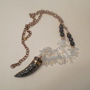 Tribal Brass Opalite Horn Mother of Pearl Inlay Statement Necklace